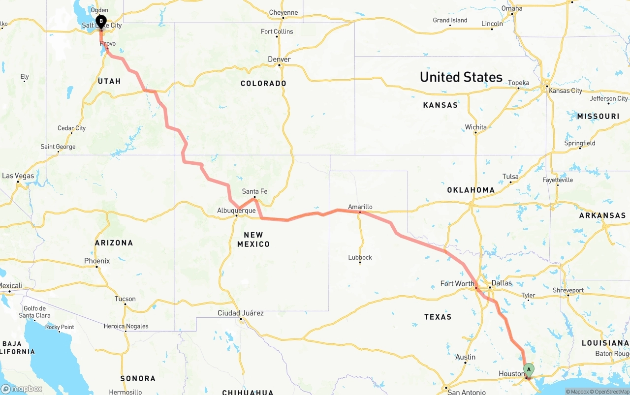 Shipping route from Port of Houston to Salt Lake City