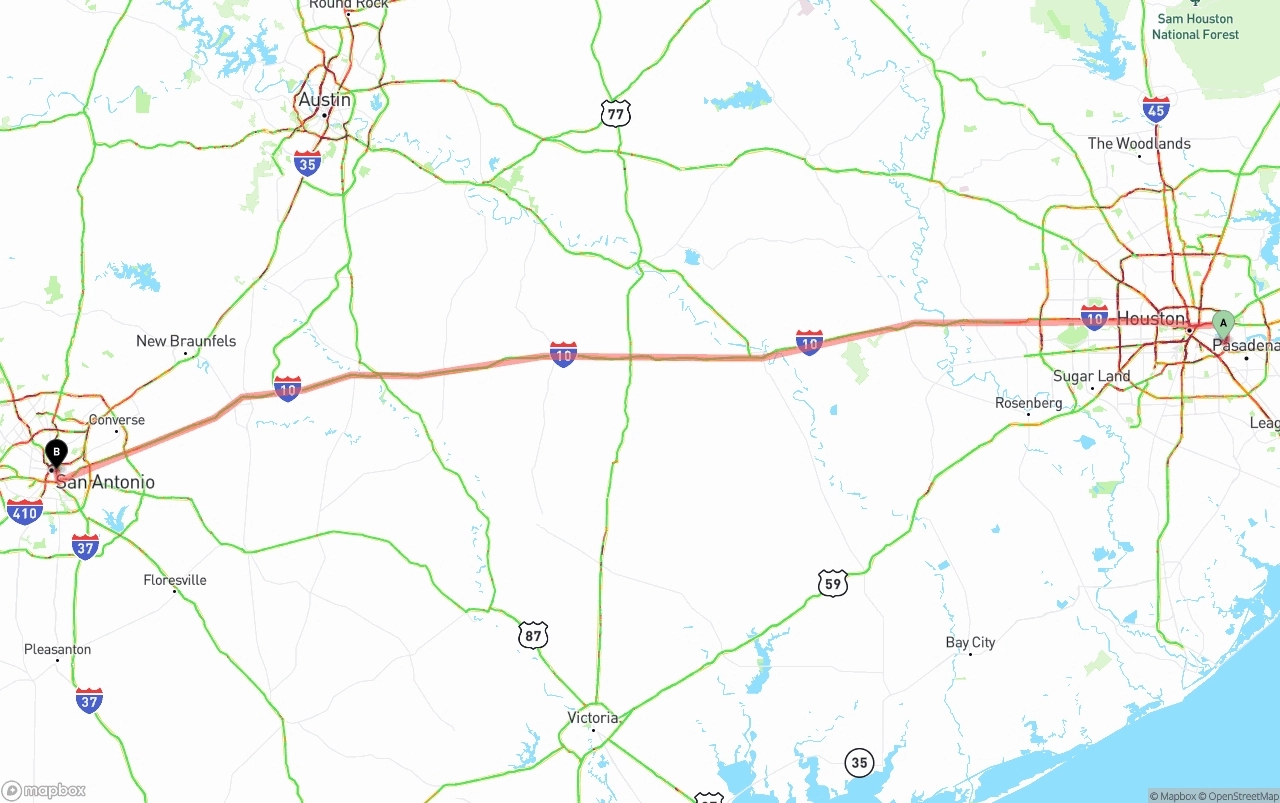 Shipping route from Port of Houston to San Antonio