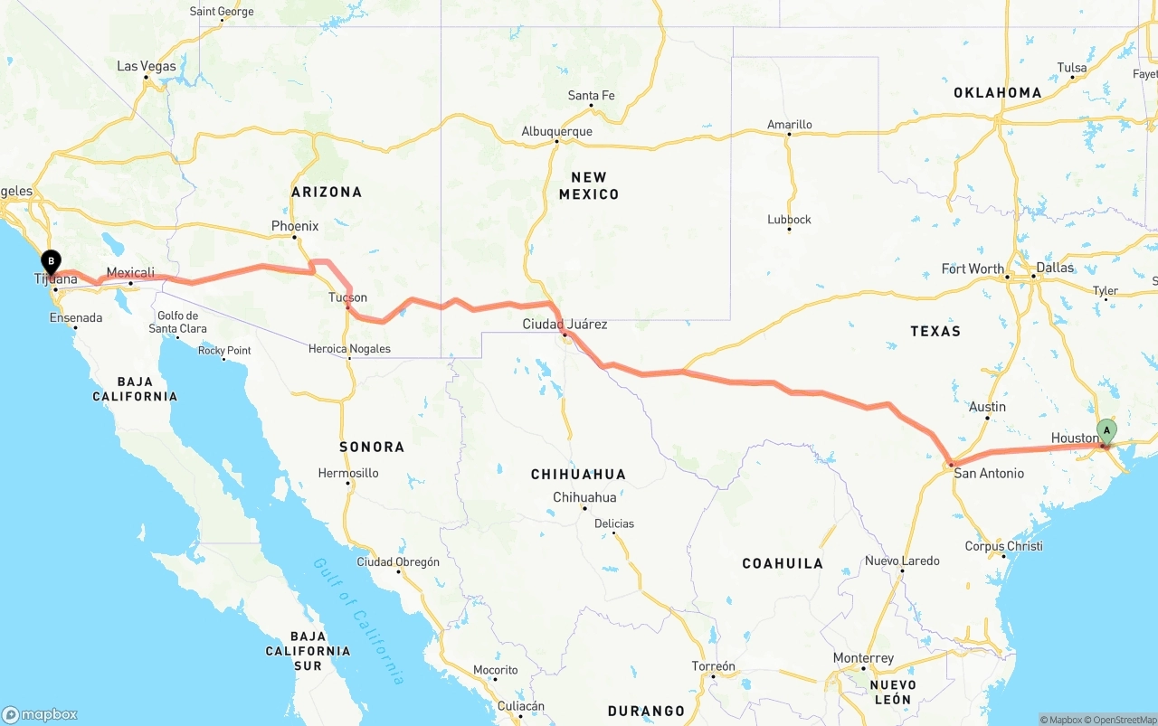 Shipping route from Port of Houston to San Diego