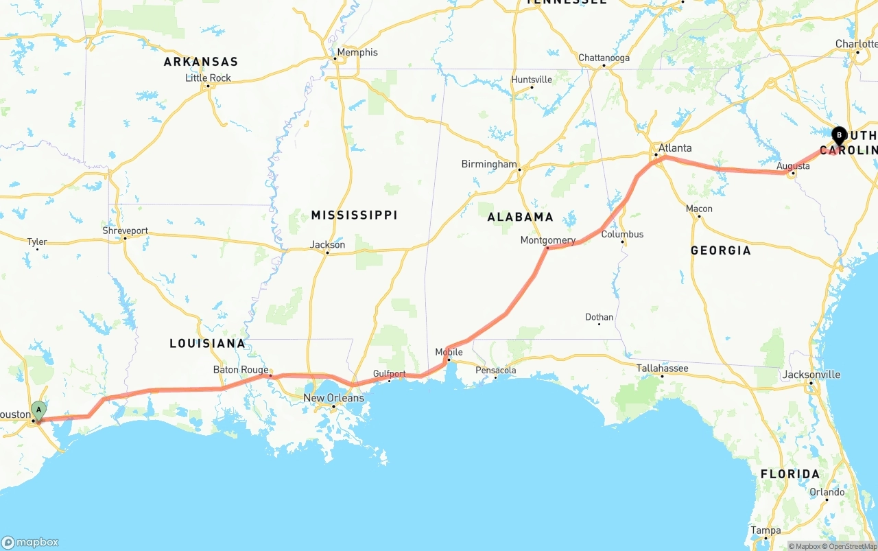 Shipping route from Port of Houston to South Carolina