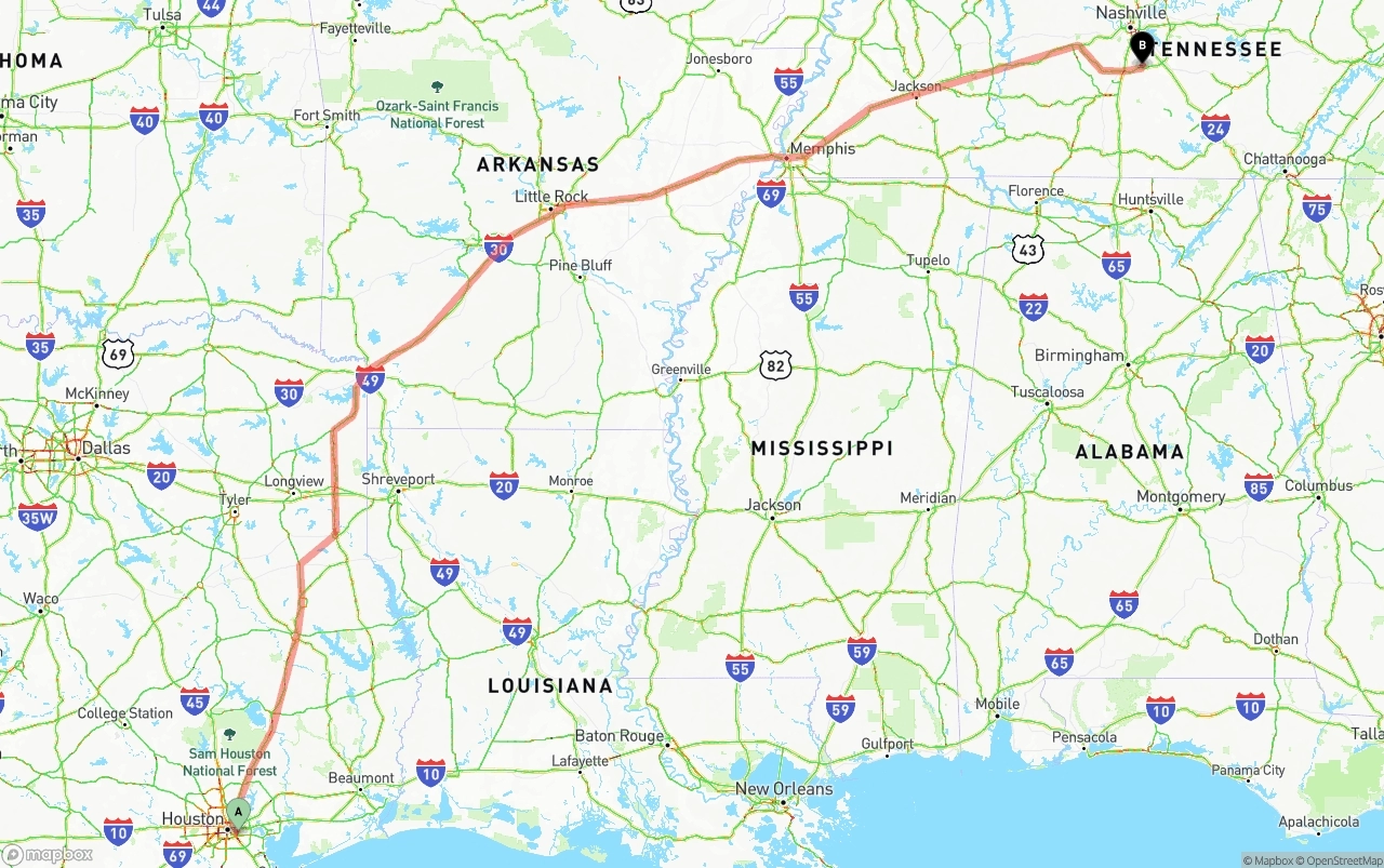 Shipping route from Port of Houston to Tennessee