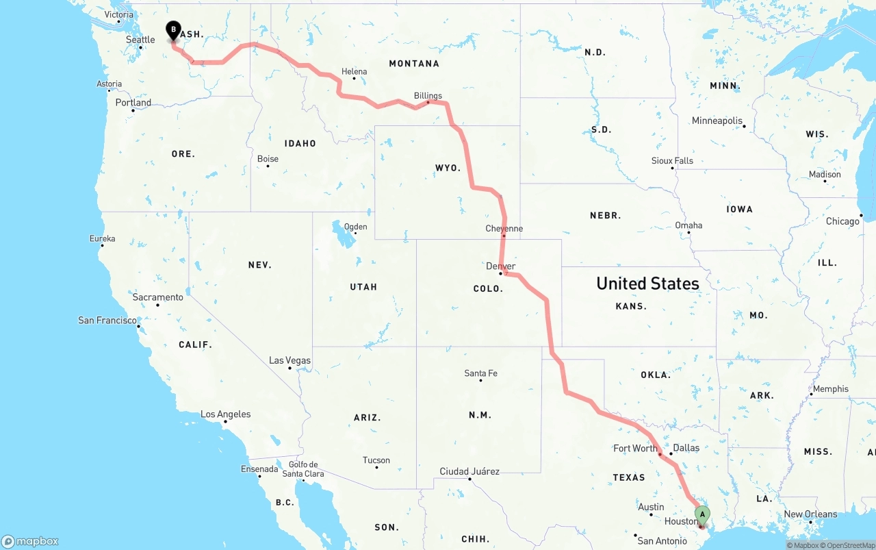 Shipping route from Port of Houston to Washington