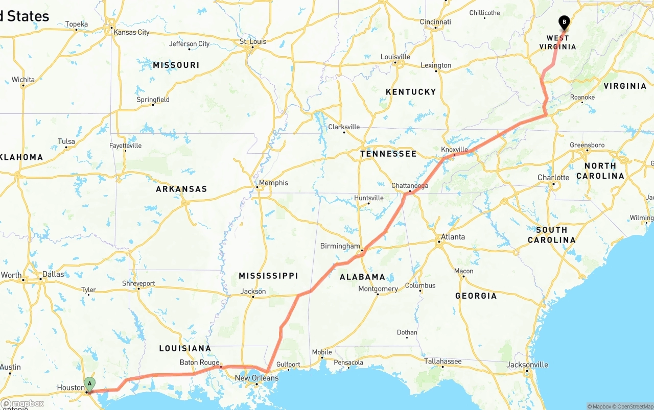 Shipping route from Port of Houston to West Virginia