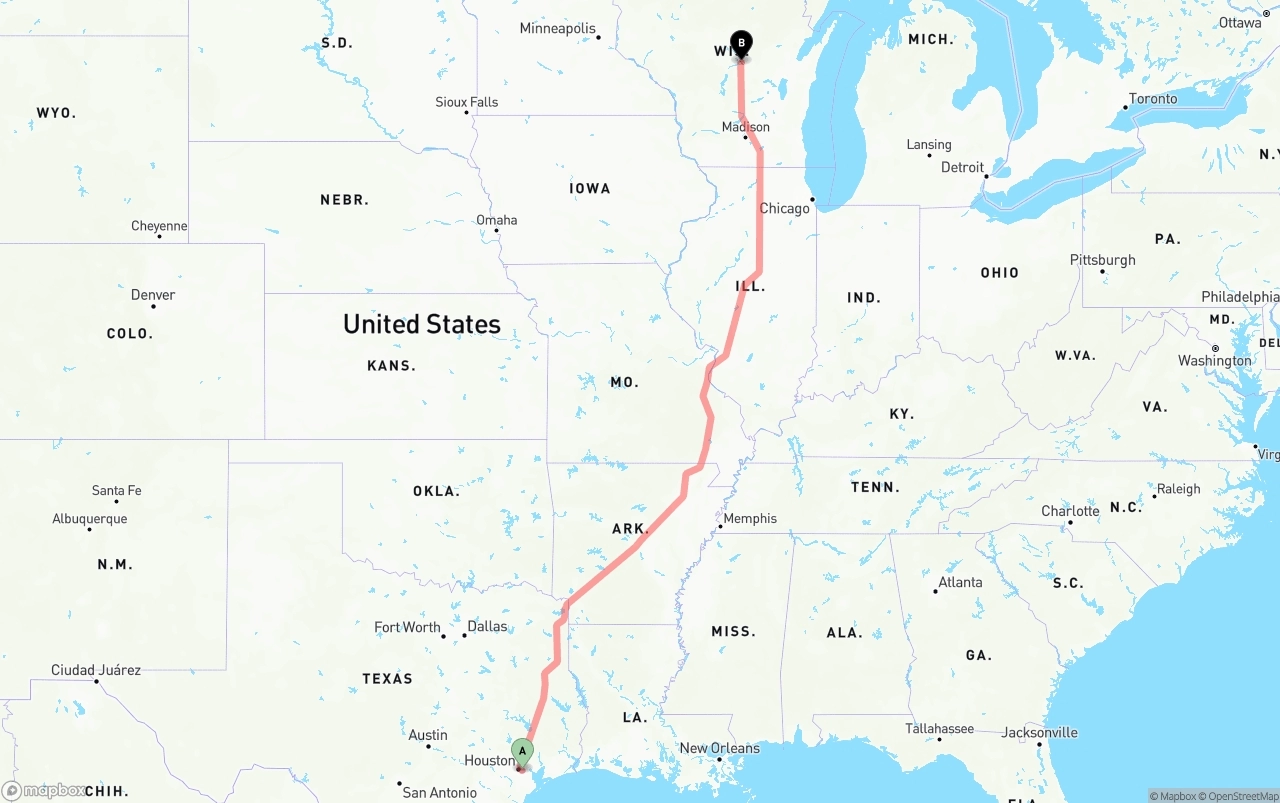 Shipping route from Port of Houston to Wisconsin