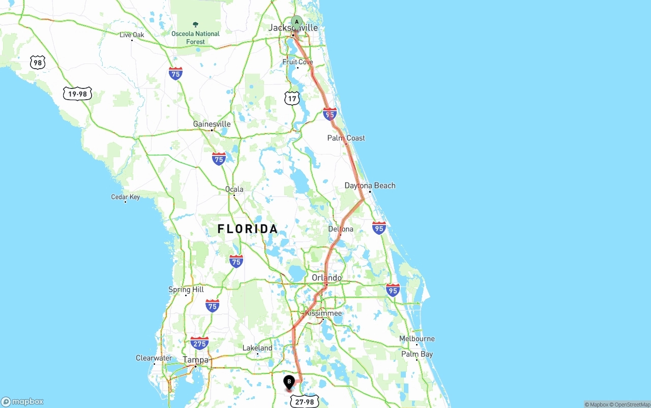 Shipping route from Port of Jacksonville to Florida