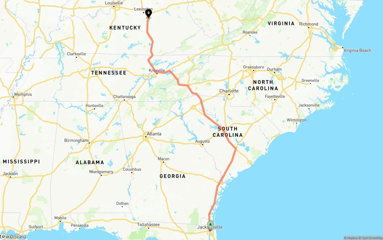 Shipping route from Port of Jacksonville to Kentucky