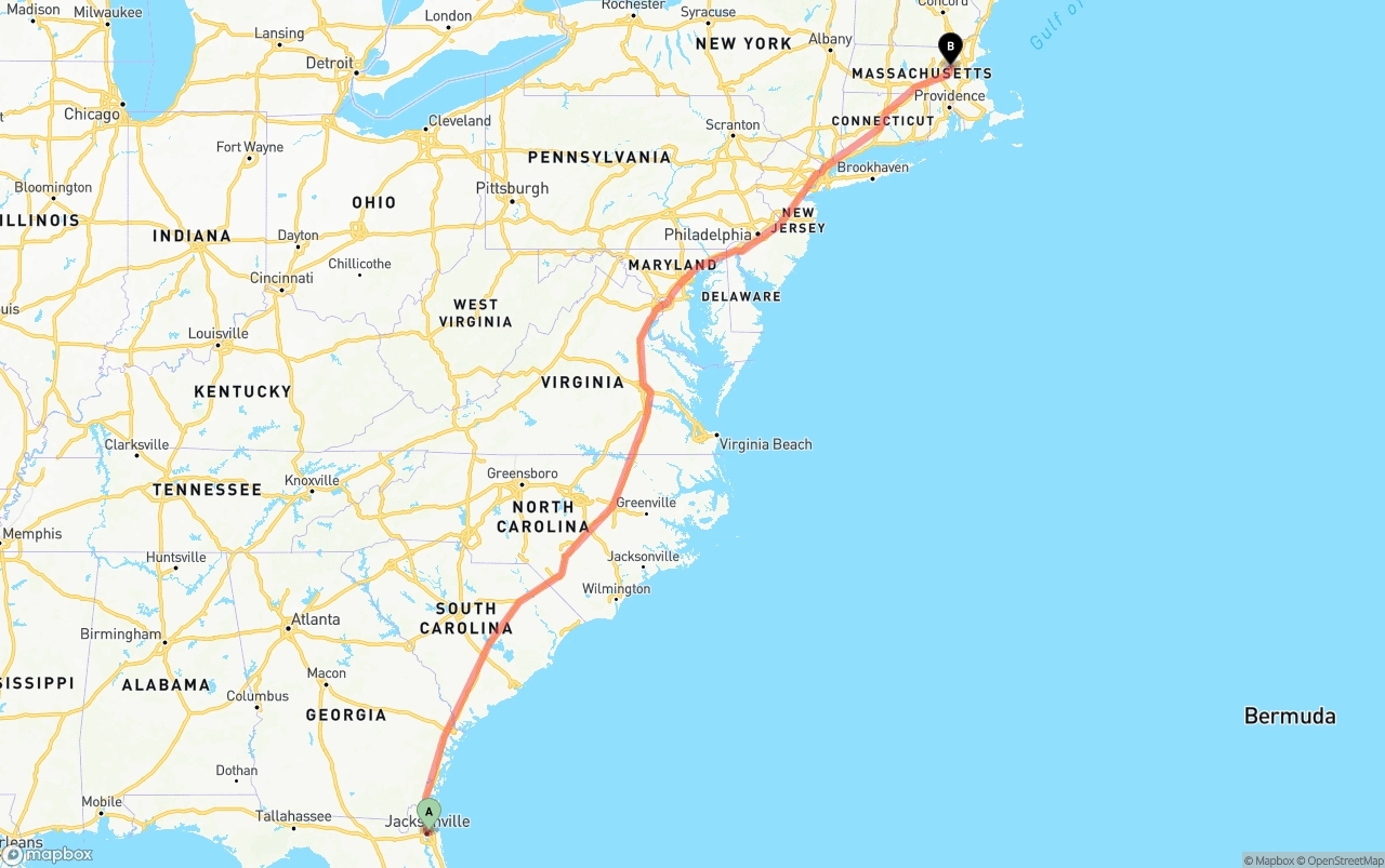 Shipping route from Port of Jacksonville to Massachusetts