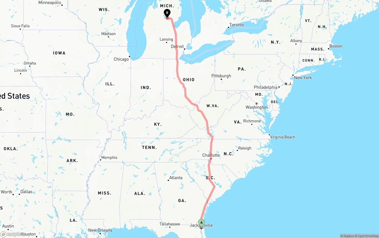 Shipping route from Port of Jacksonville to Michigan