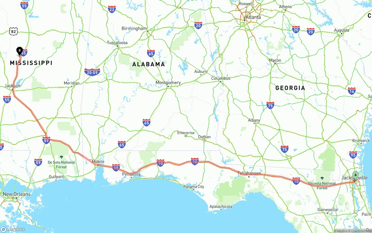 Shipping route from Port of Jacksonville to Mississippi