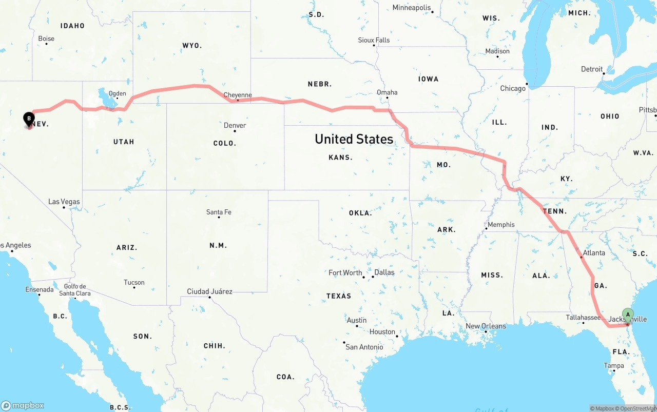 Shipping route from Port of Jacksonville to Nevada