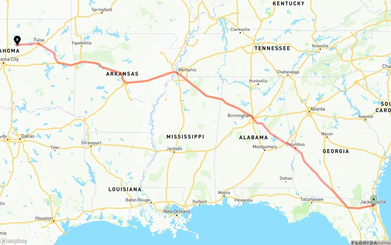 Shipping route from Port of Jacksonville to Oklahoma