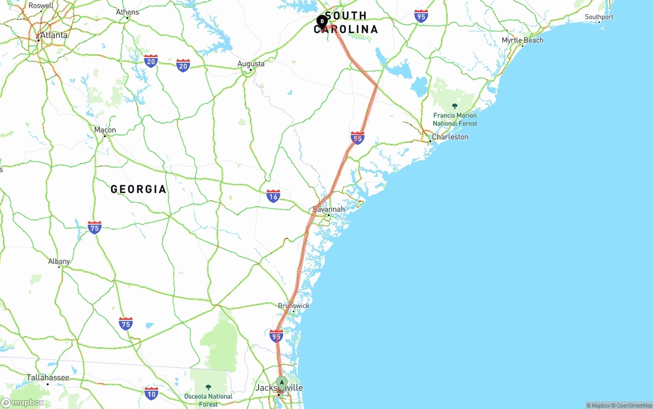 Shipping route from Port of Jacksonville to South Carolina