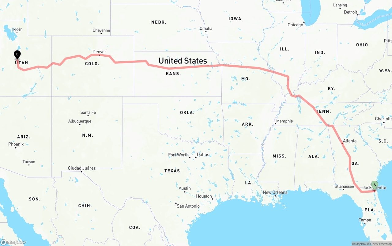 Shipping route from Port of Jacksonville to Utah