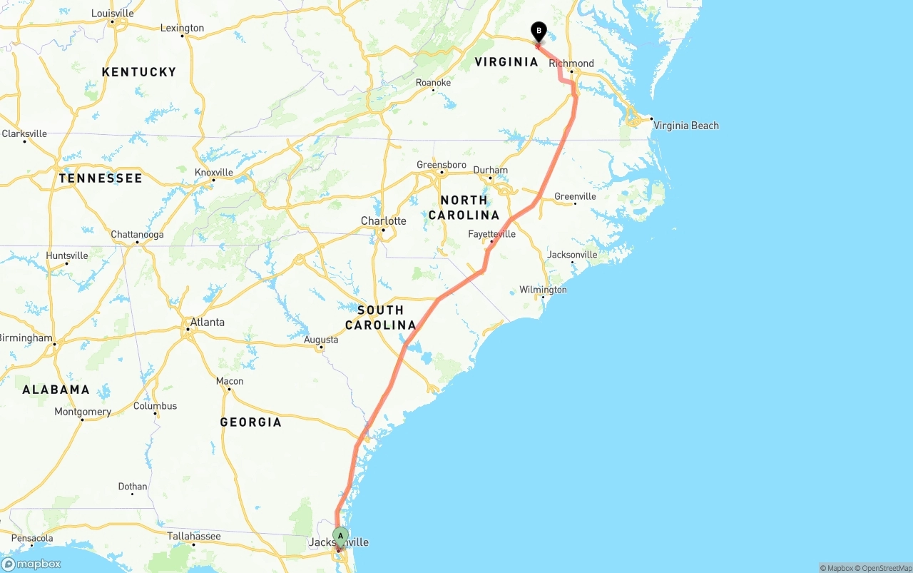 Shipping route from Port of Jacksonville to Virginia