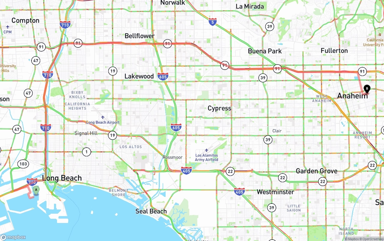 Shipping route from Port of Long Beach to Anaheim