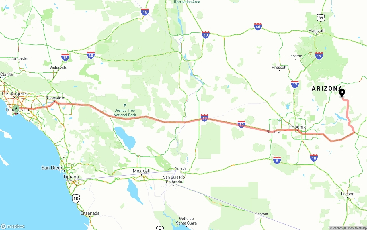 Shipping route from Port of Long Beach to Arizona