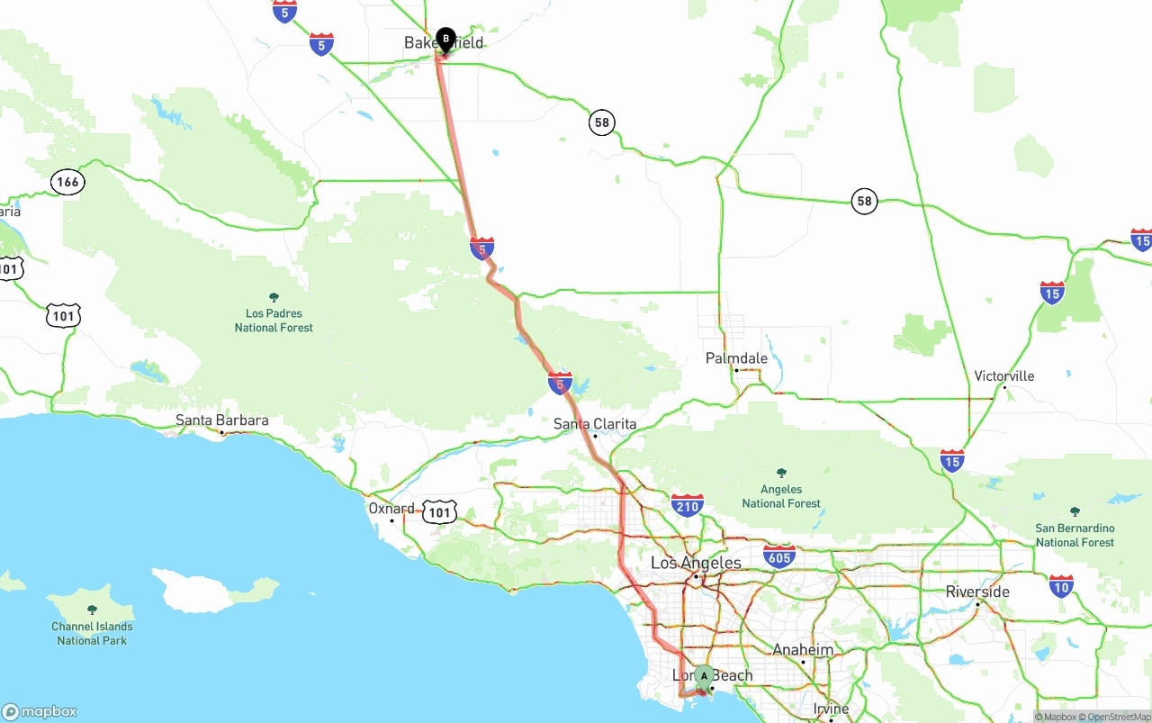 Shipping route from Port of Long Beach to Bakersfield