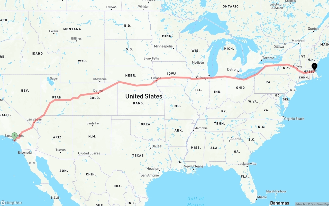 Shipping route from Port of Long Beach to Boston