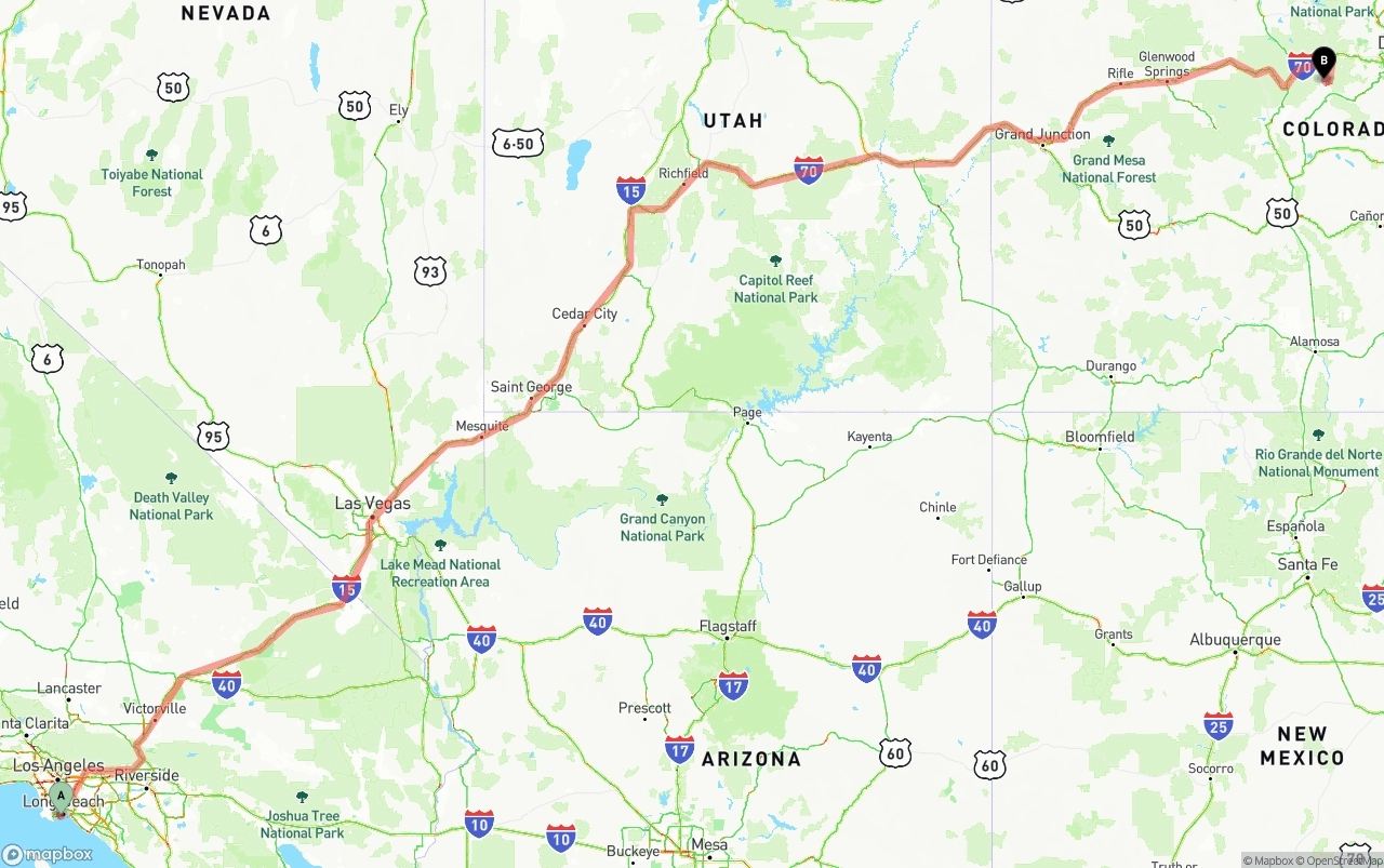 Shipping route from Port of Long Beach to Colorado