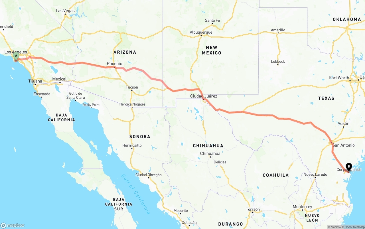 Shipping route from Port of Long Beach to Corpus Christi