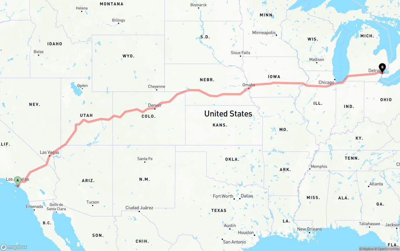 Shipping route from Port of Long Beach to Detroit