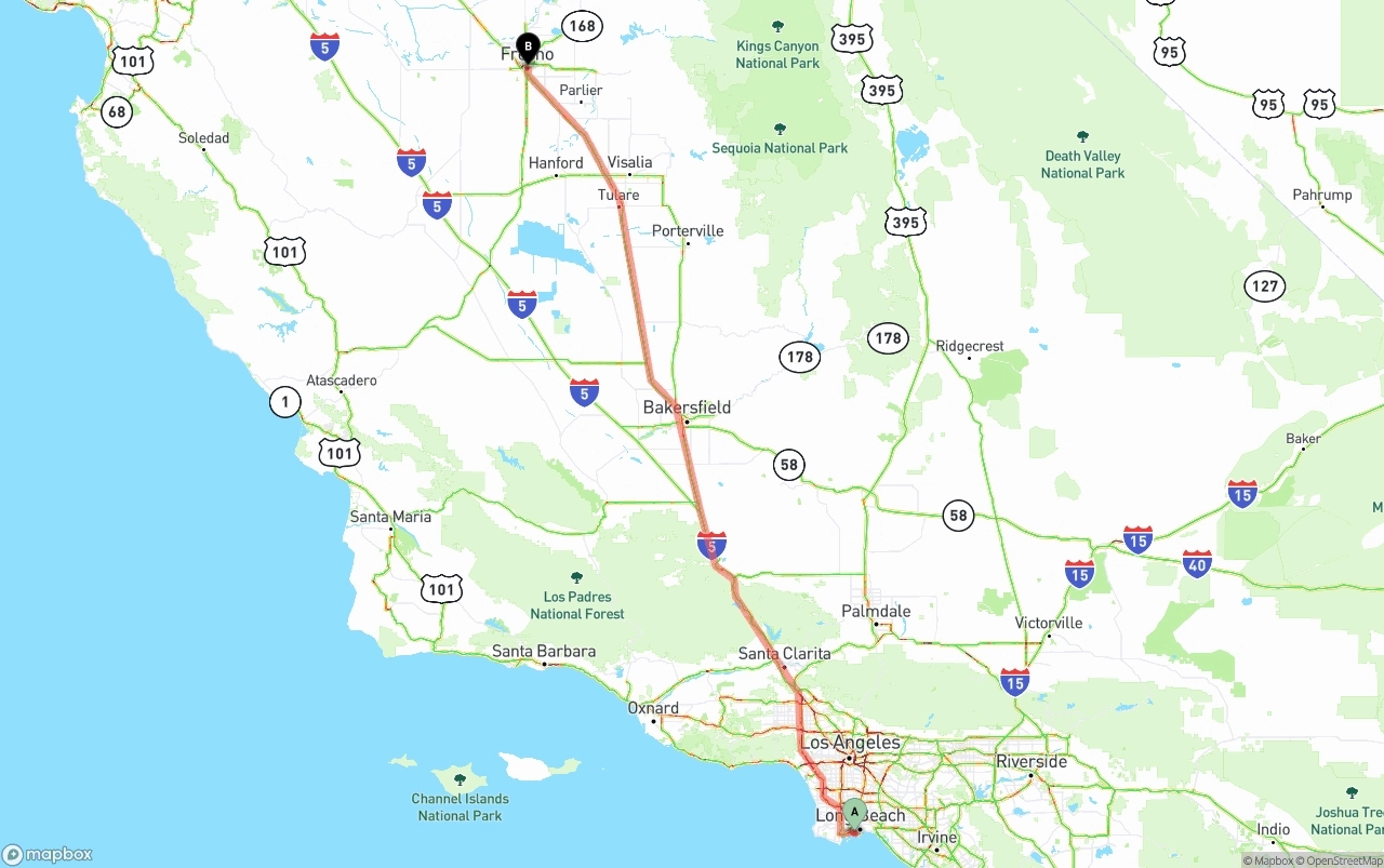Shipping route from Port of Long Beach to Fresno