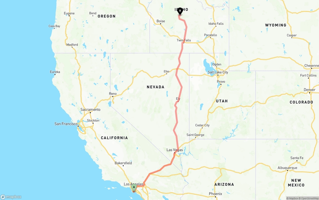 Shipping route from Port of Long Beach to Idaho