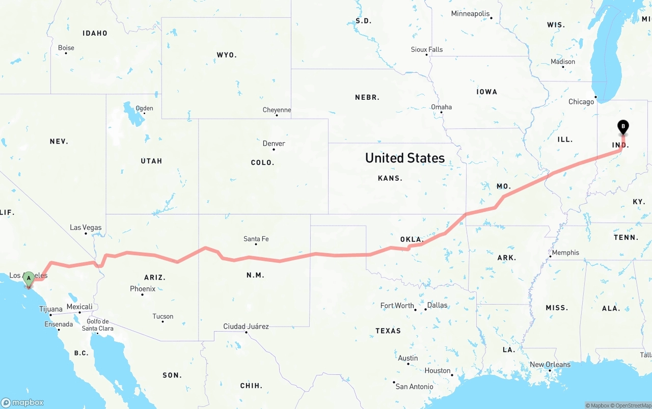 Shipping route from Port of Long Beach to Indiana