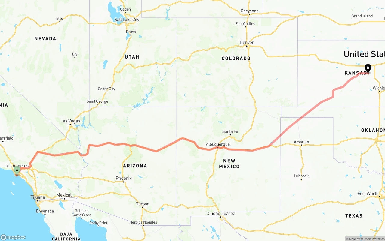 Shipping route from Port of Long Beach to Kansas