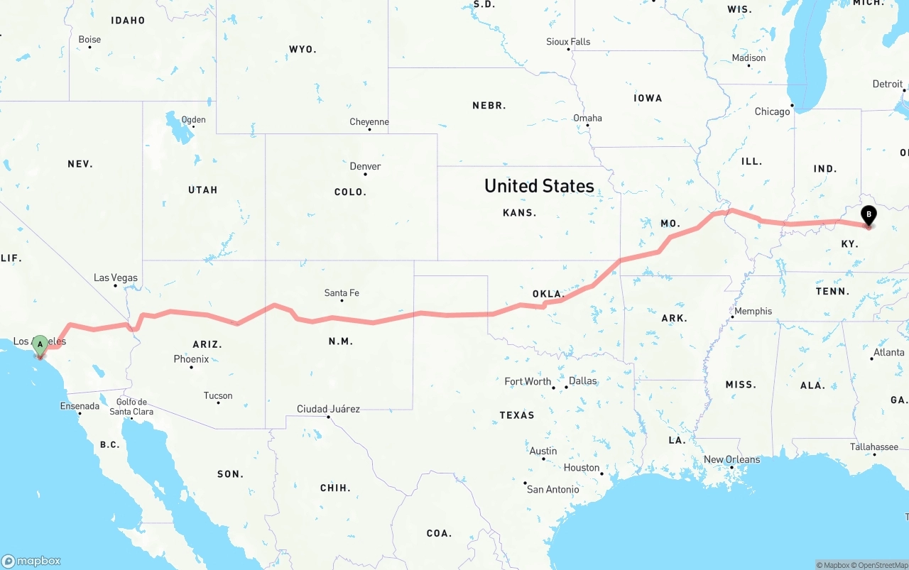 Shipping route from Port of Long Beach to Lexington