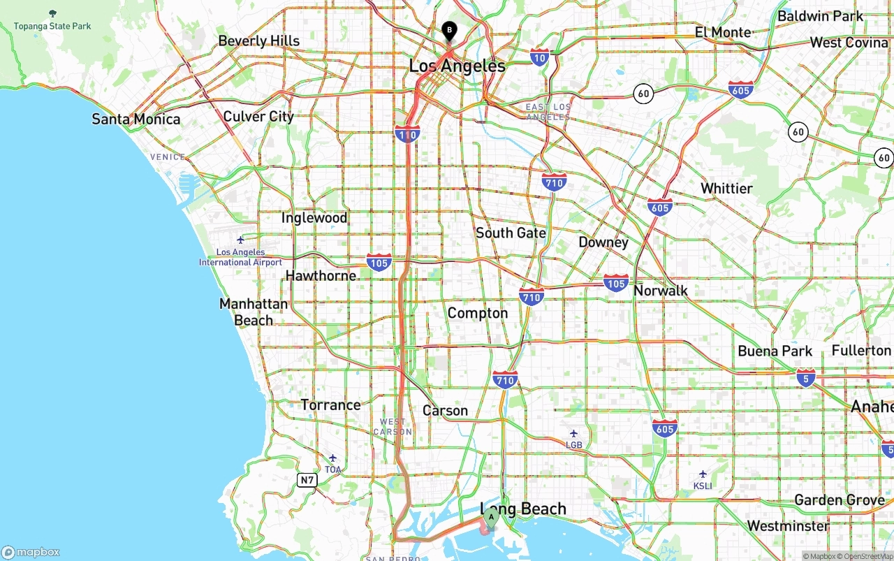 Shipping route from Port of Long Beach to Los Angeles