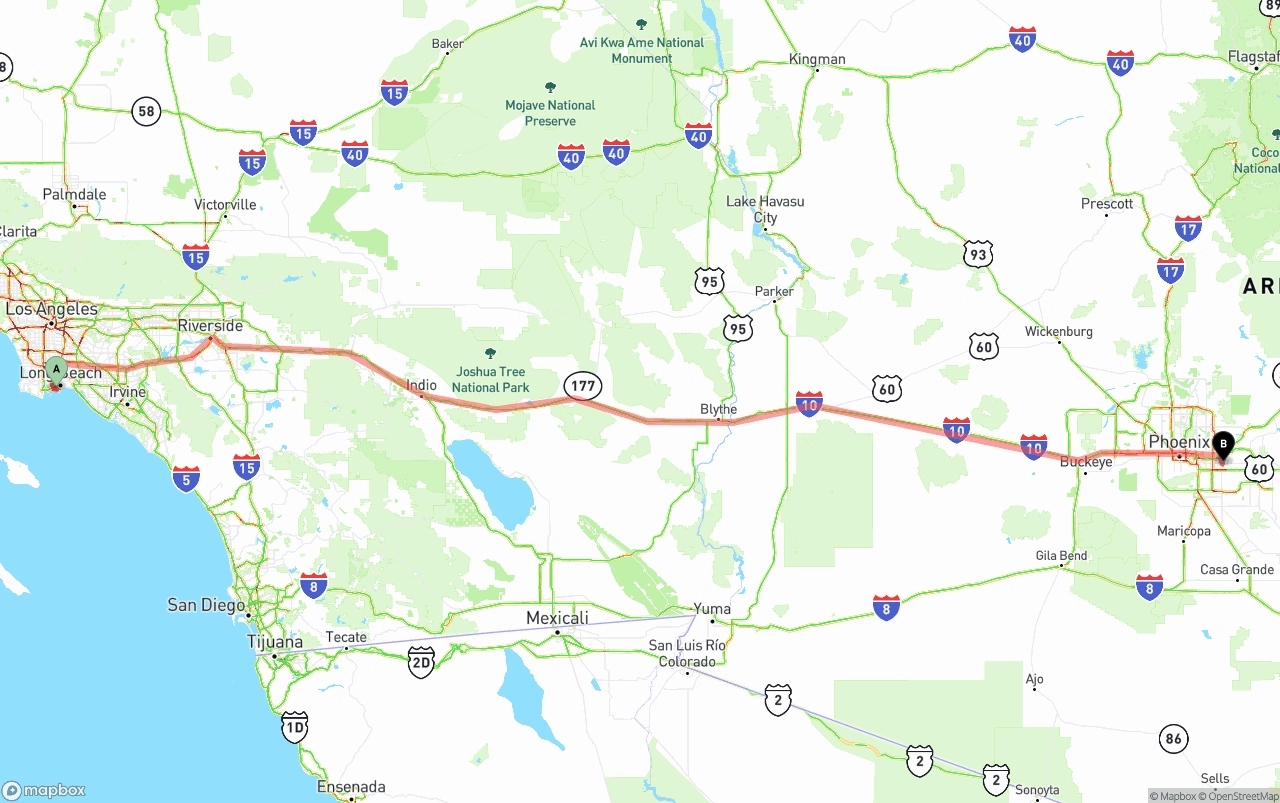 Shipping route from Port of Long Beach to Mesa