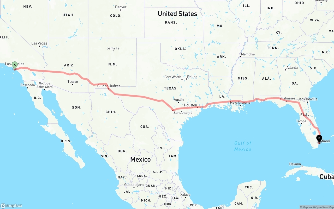 Shipping route from Port of Long Beach to Miami