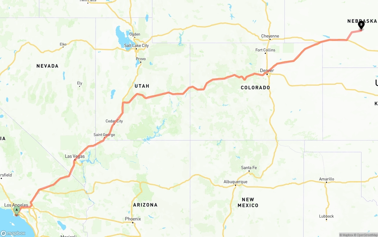Shipping route from Port of Long Beach to Nebraska