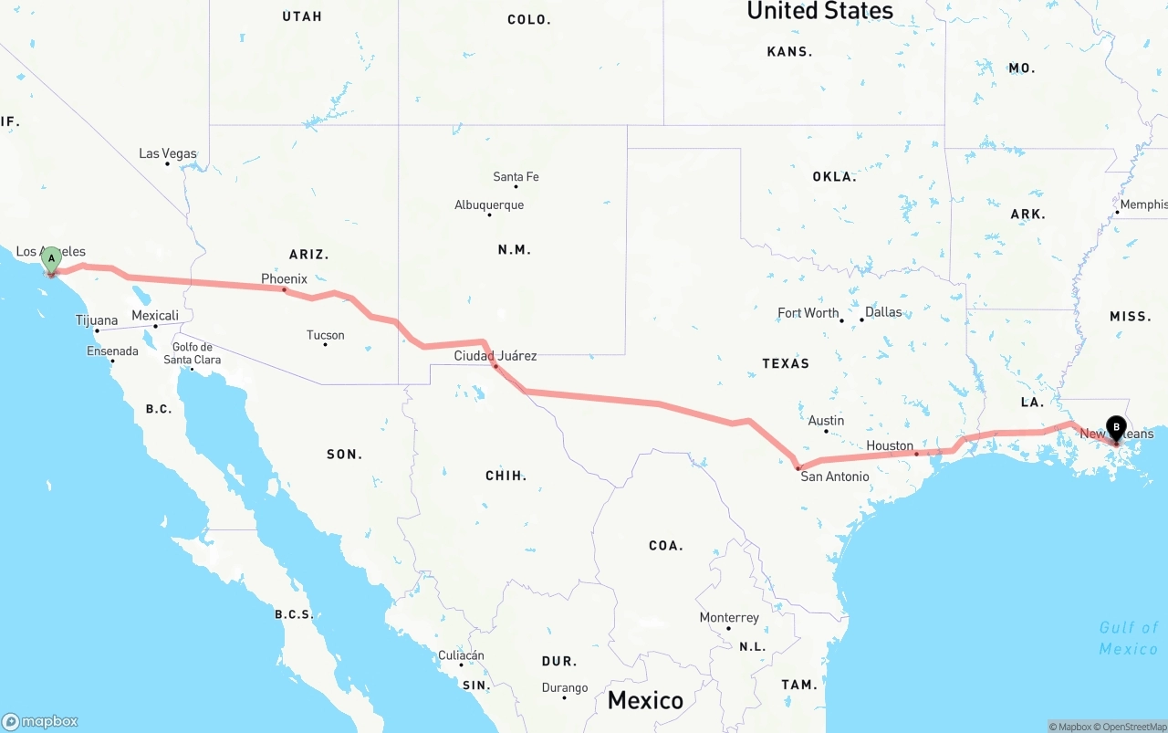 Shipping route from Port of Long Beach to New Orleans