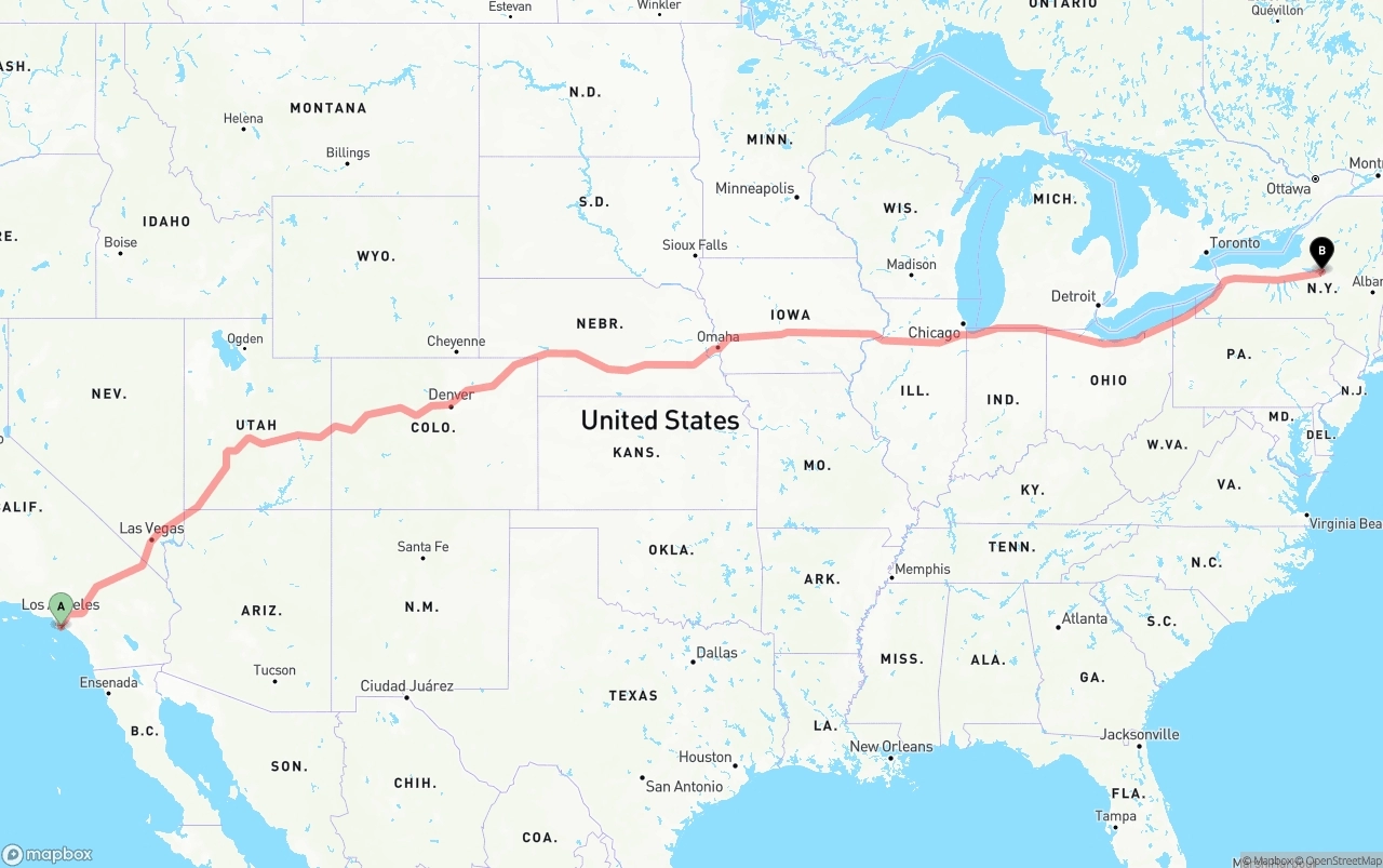 Shipping route from Port of Long Beach to New York
