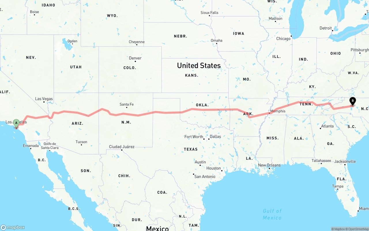 Shipping route from Port of Long Beach to North Carolina