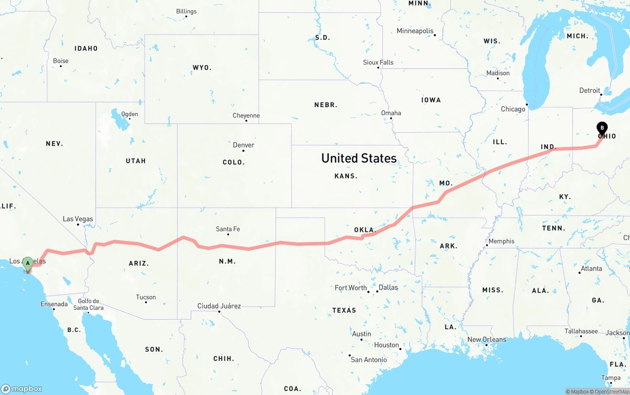 Shipping route from Port of Long Beach to Ohio