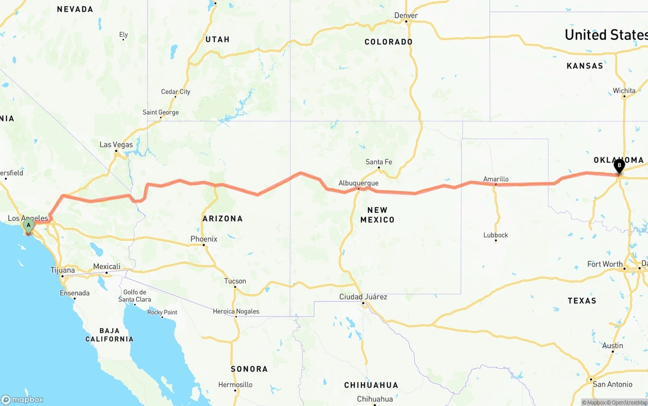 Shipping route from Port of Long Beach to Oklahoma City
