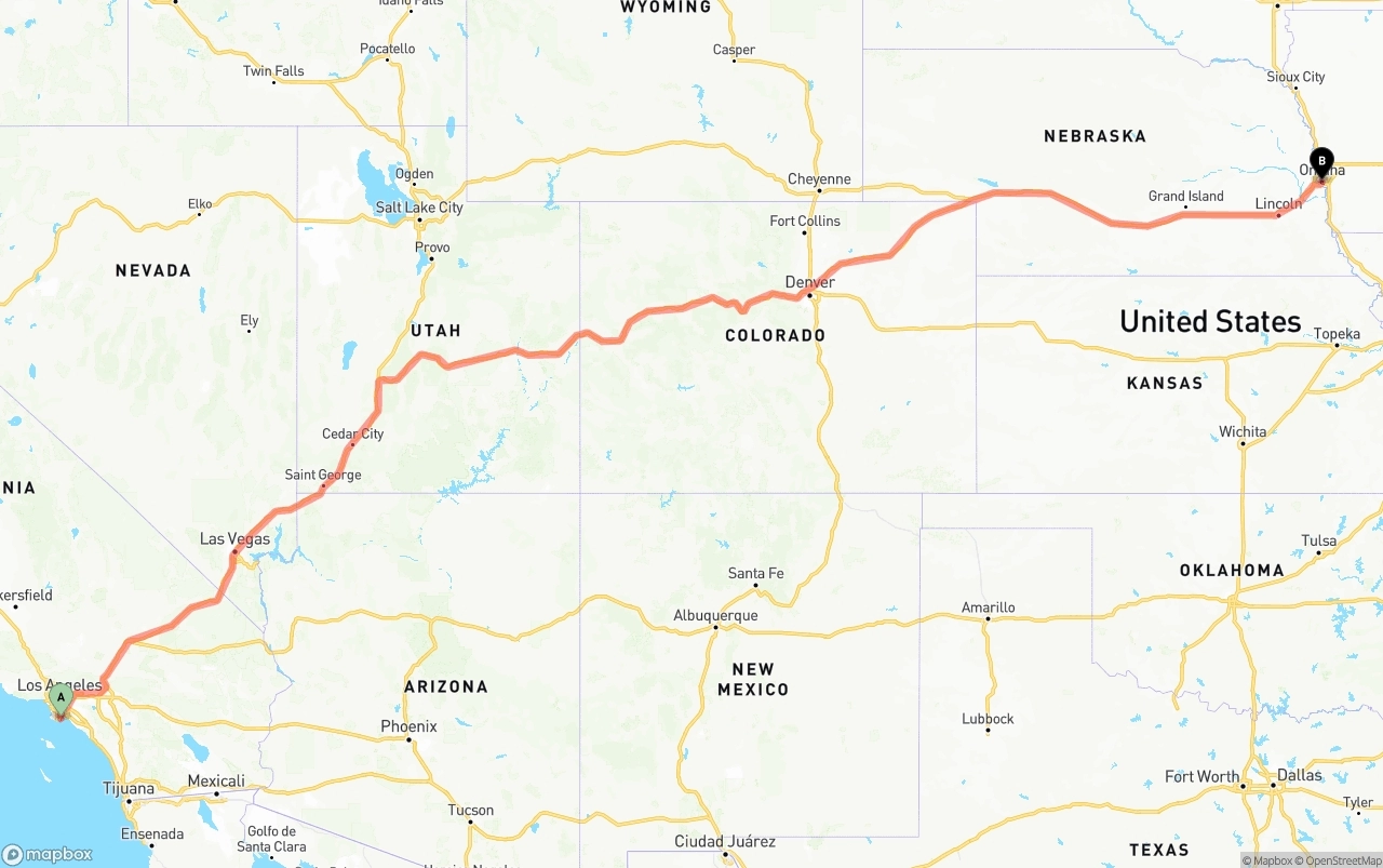 Shipping route from Port of Long Beach to Omaha