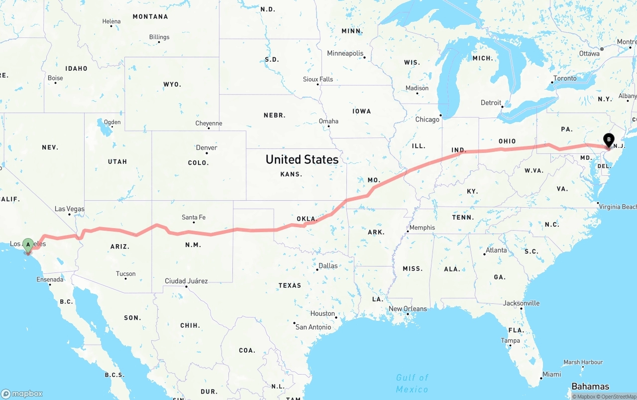 Shipping route from Port of Long Beach to Philadelphia