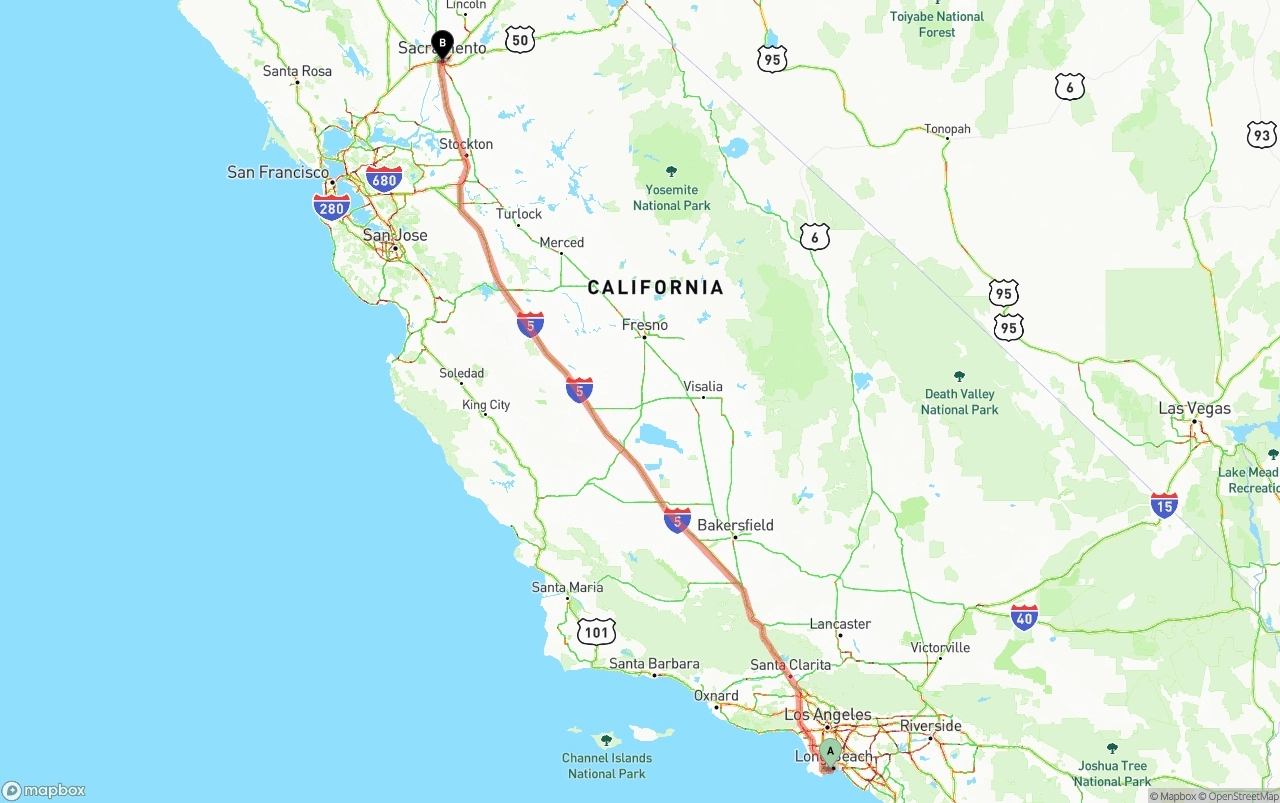 Shipping route from Port of Long Beach to Sacramento