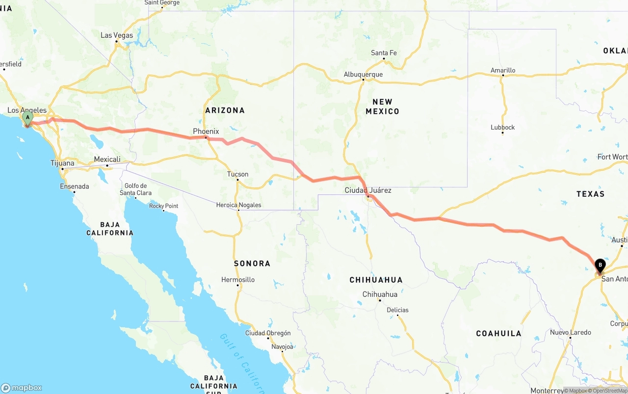 Shipping route from Port of Long Beach to San Antonio