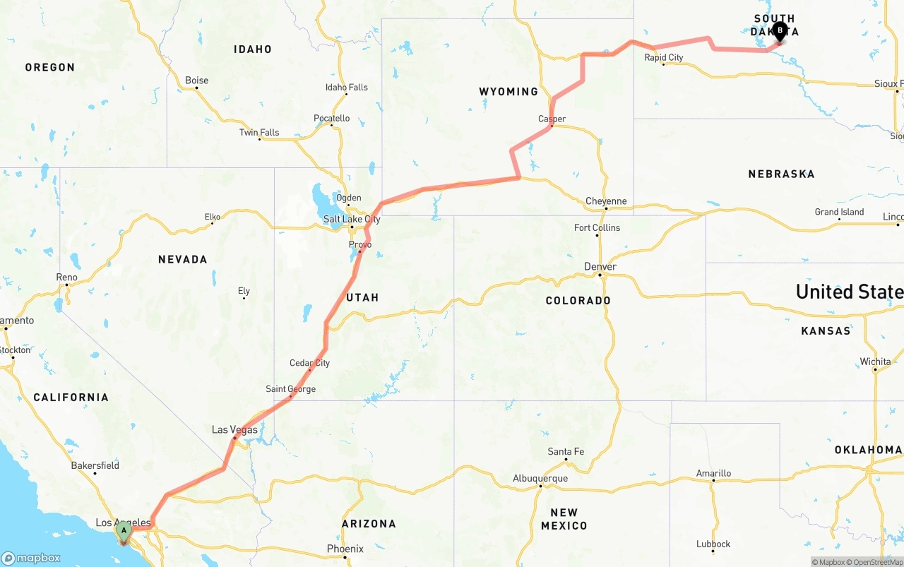 Shipping route from Port of Long Beach to South Dakota