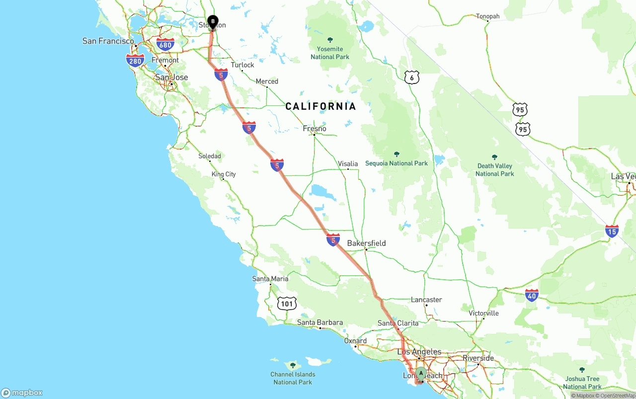 Shipping route from Port of Long Beach to Stockton