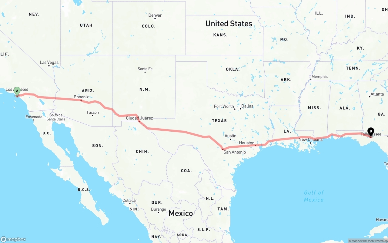 Shipping route from Port of Long Beach to Tallahassee