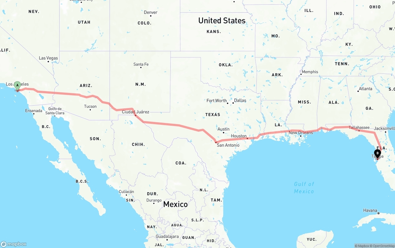 Shipping route from Port of Long Beach to Tampa