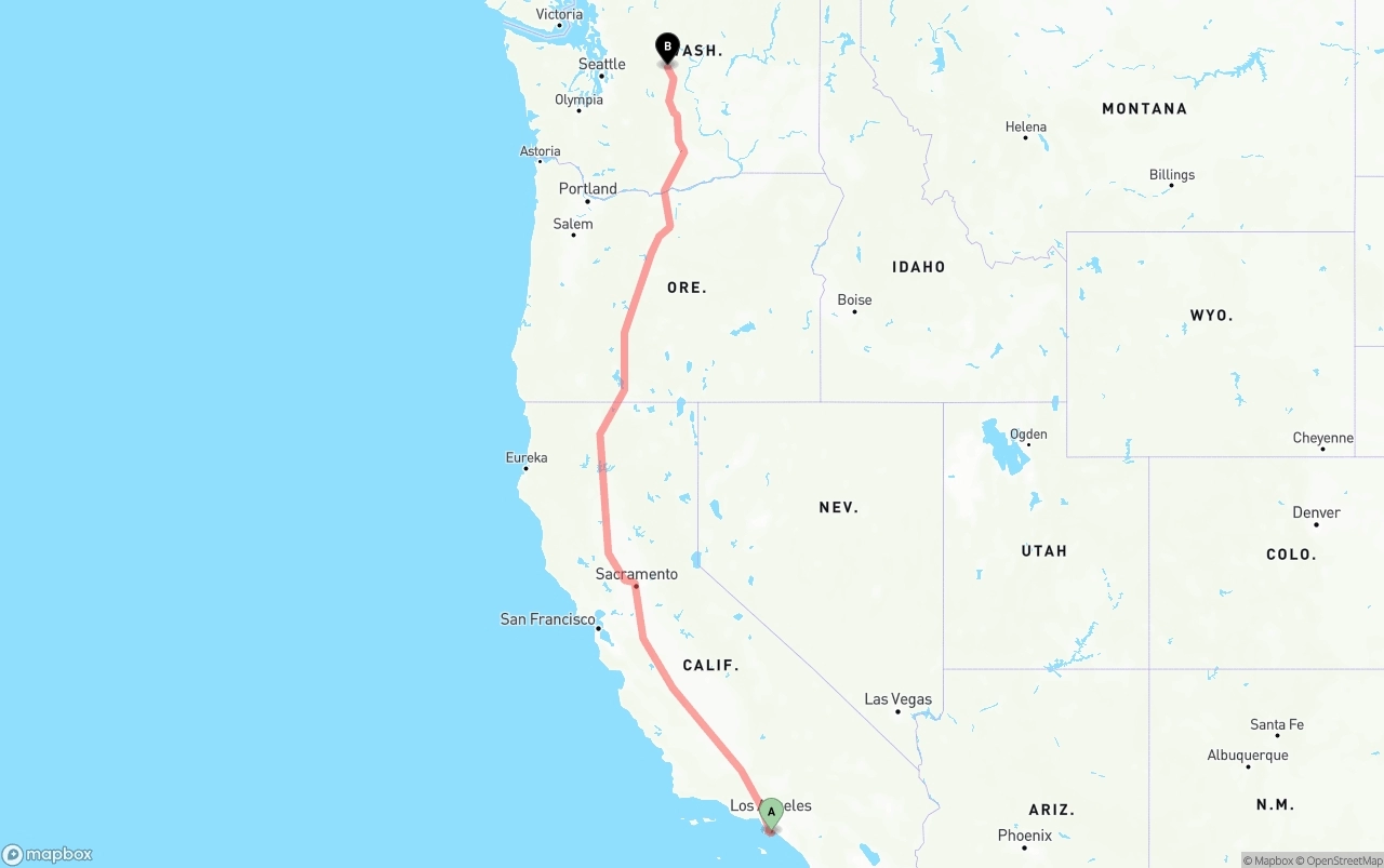 Shipping route from Port of Long Beach to Washington