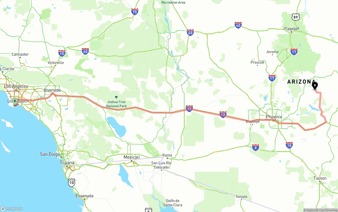 Shipping route from Port of Los Angeles to Arizona