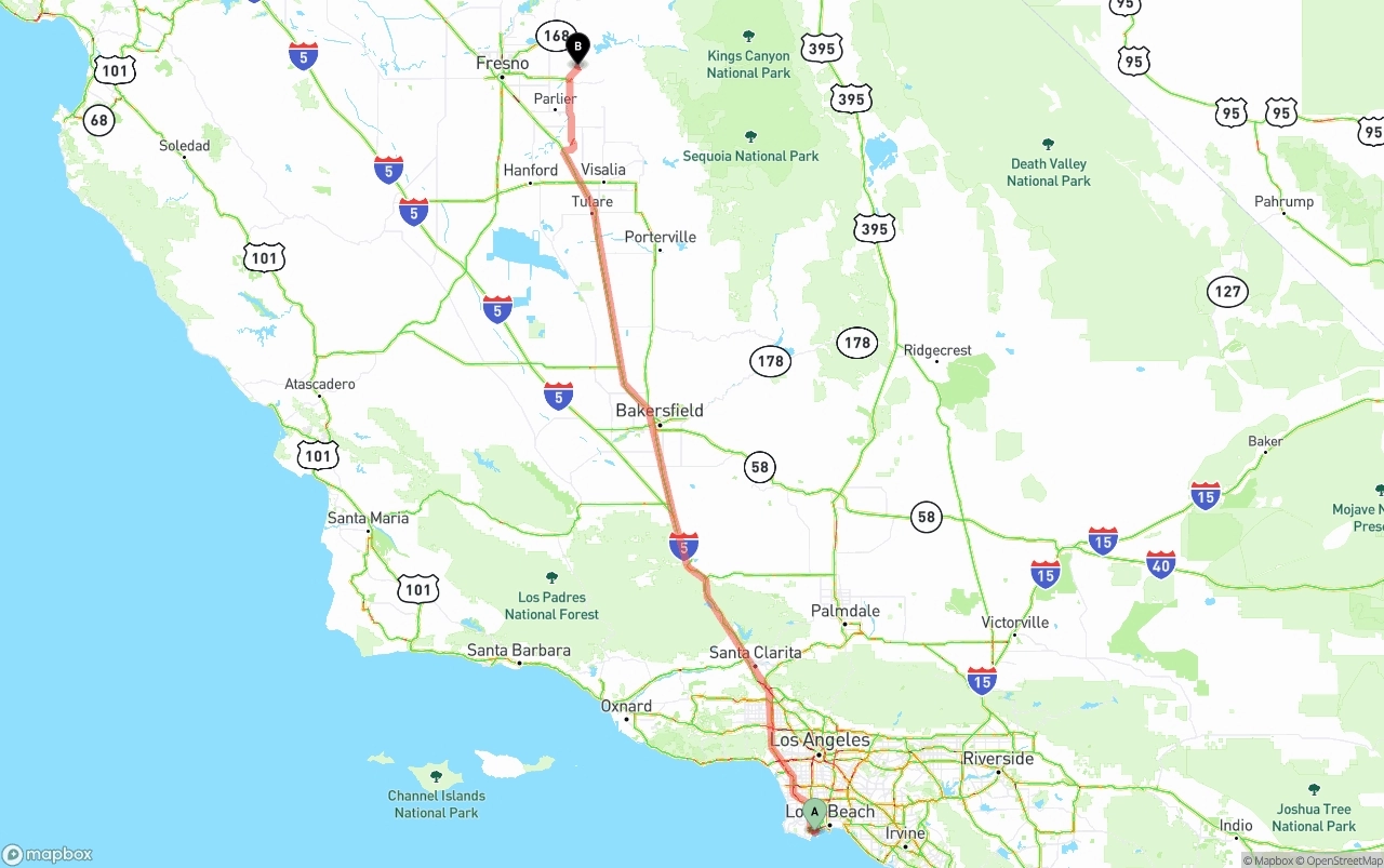 Shipping route from Port of Los Angeles to California
